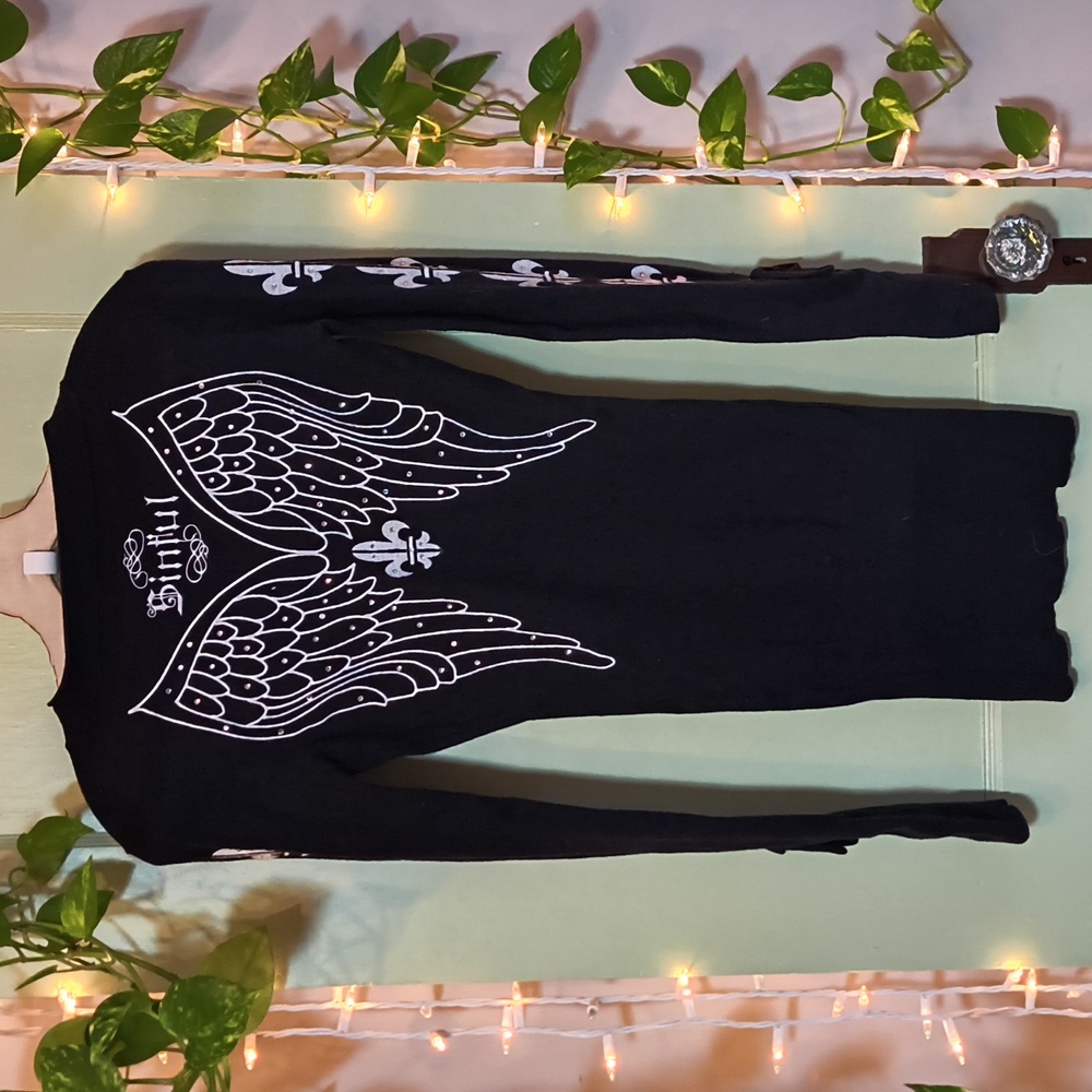 Sinful Black Mini Dress with White Wing Graphic